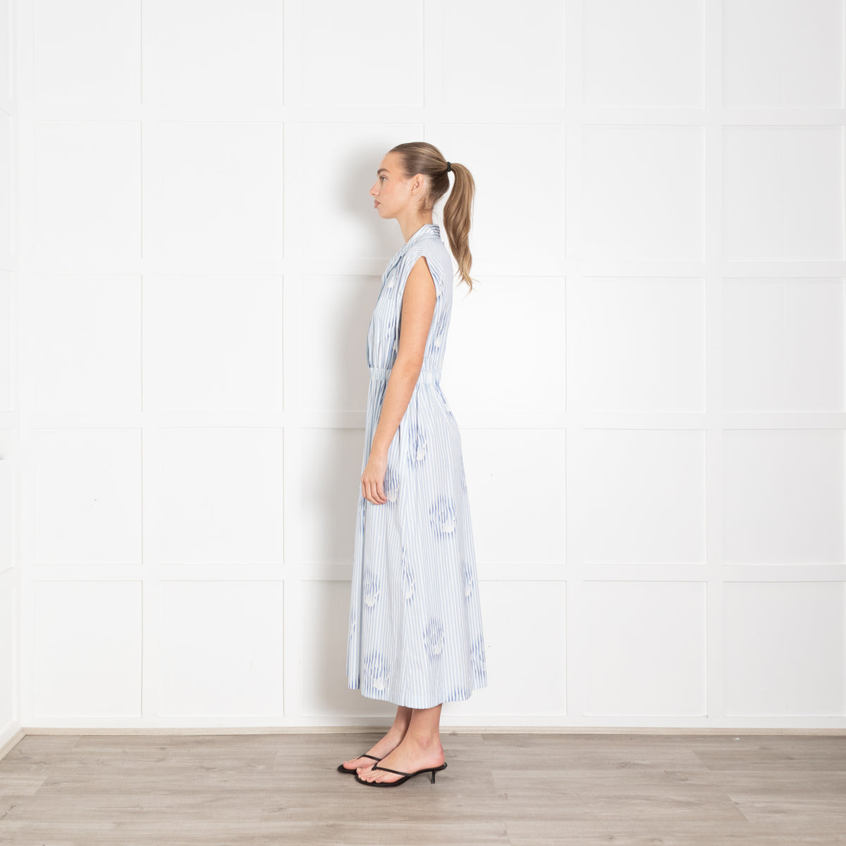 Prada White Blue Striped Cotton Sleeveless Maxi Dress