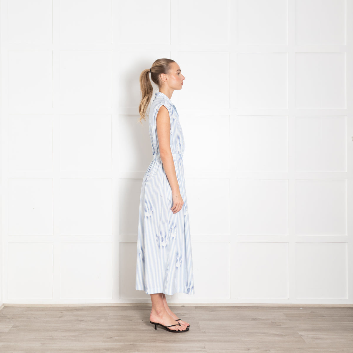 Prada White Blue Striped Cotton Sleeveless Maxi Dress