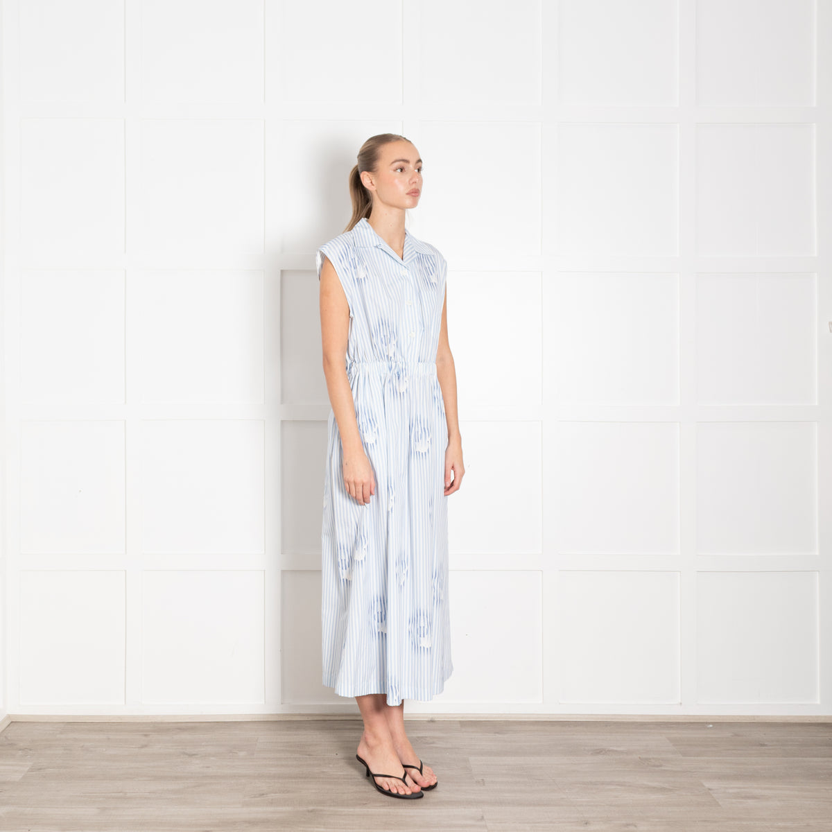 Prada White Blue Striped Cotton Sleeveless Maxi Dress