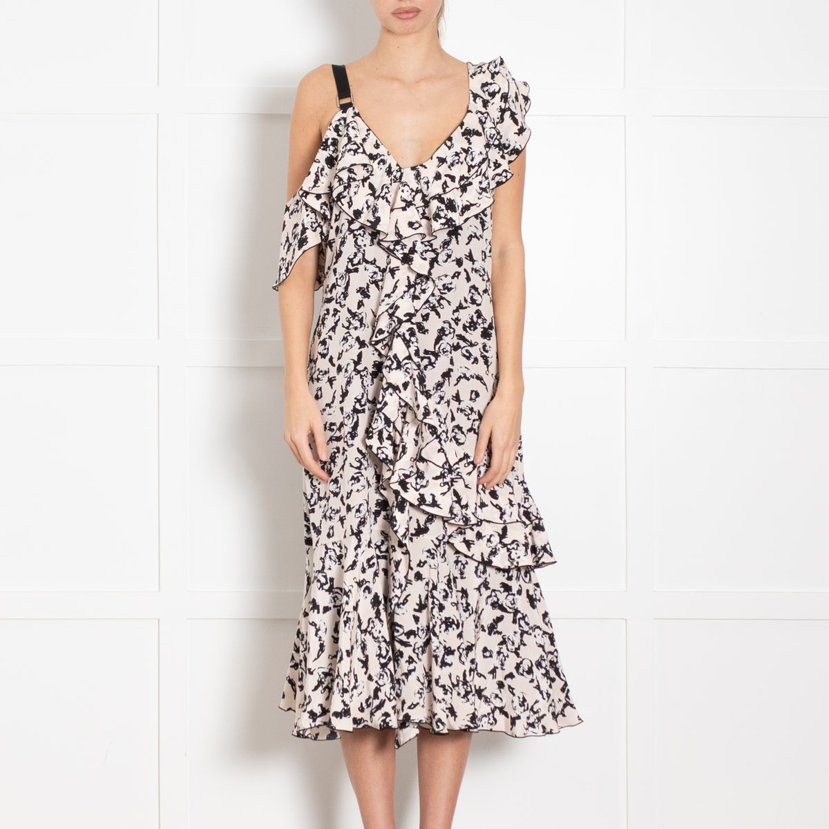 Proenza Schouler Nude Black White One Shoulder Ruffle Silk Dress