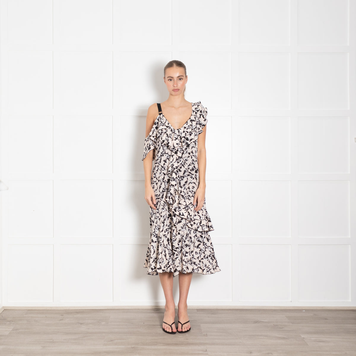 Proenza Schouler Nude Black White One Shoulder Ruffle Silk Dress