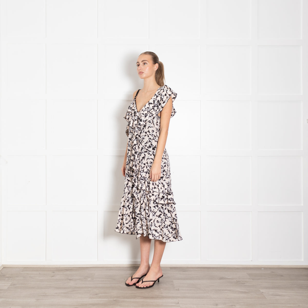 Proenza Schouler Nude Black White One Shoulder Ruffle Silk Dress