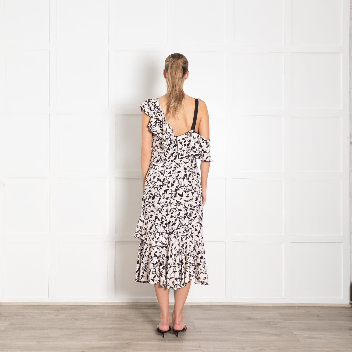 Proenza Schouler Nude Black White One Shoulder Ruffle Silk Dress