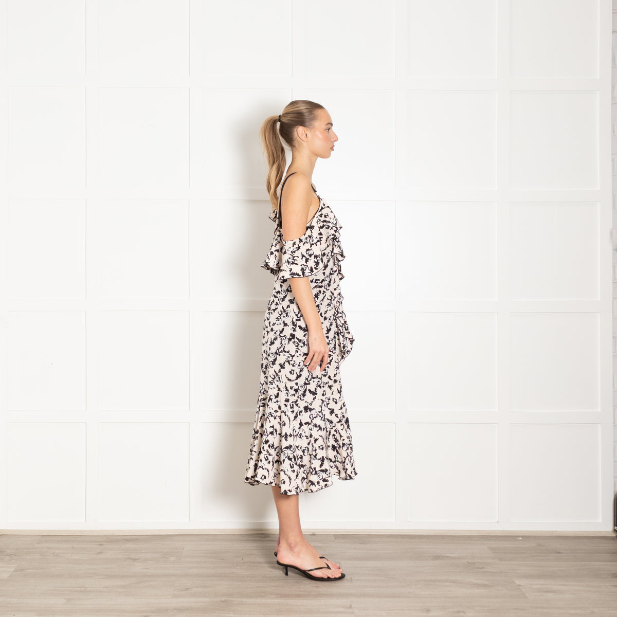 Proenza Schouler Nude Black White One Shoulder Ruffle Silk Dress