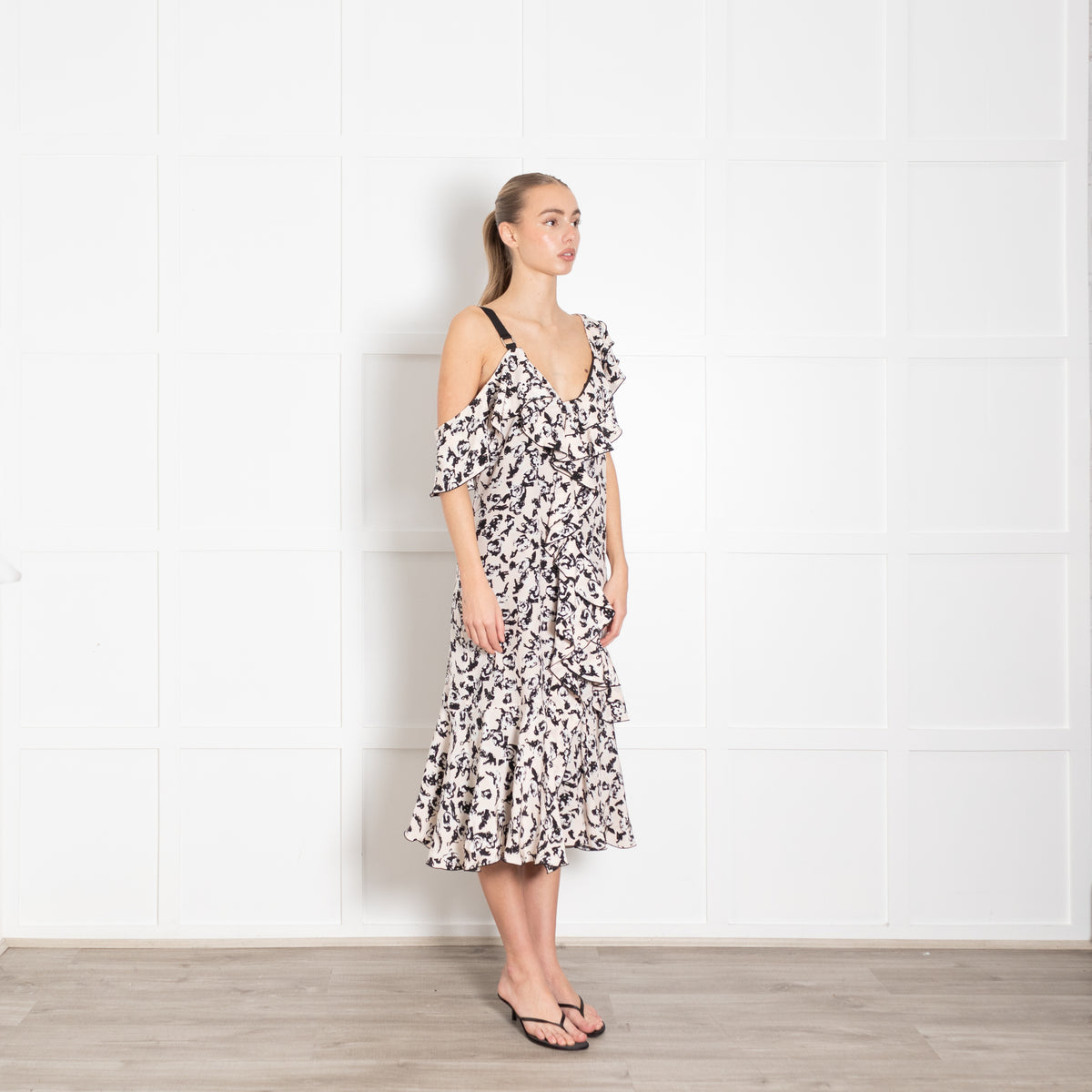 Proenza Schouler Nude Black White One Shoulder Ruffle Silk Dress