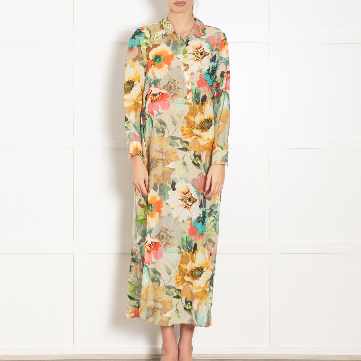 One Season Yellow Pink Green Floral Cotton Shirt Dress