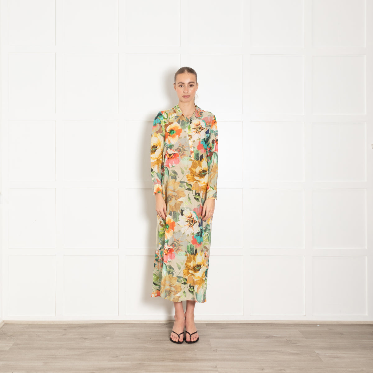 One Season Yellow Pink Green Floral Cotton Shirt Dress