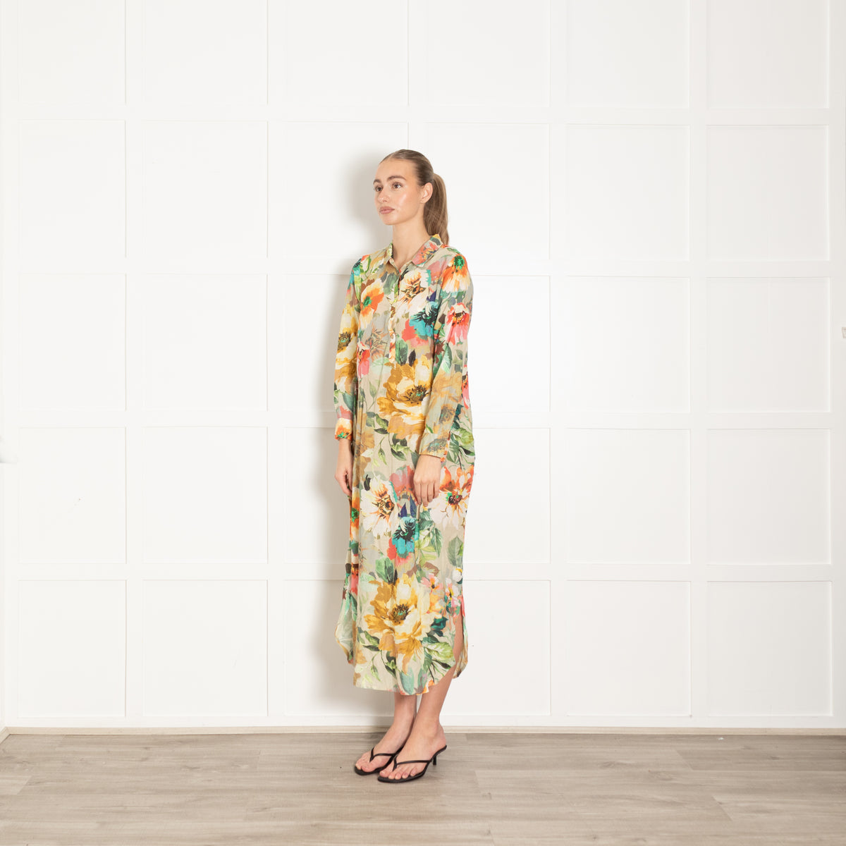One Season Yellow Pink Green Floral Cotton Shirt Dress