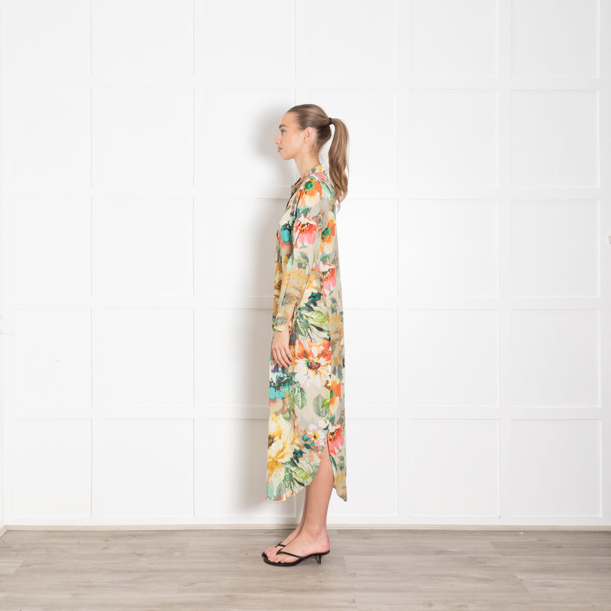One Season Yellow Pink Green Floral Cotton Shirt Dress