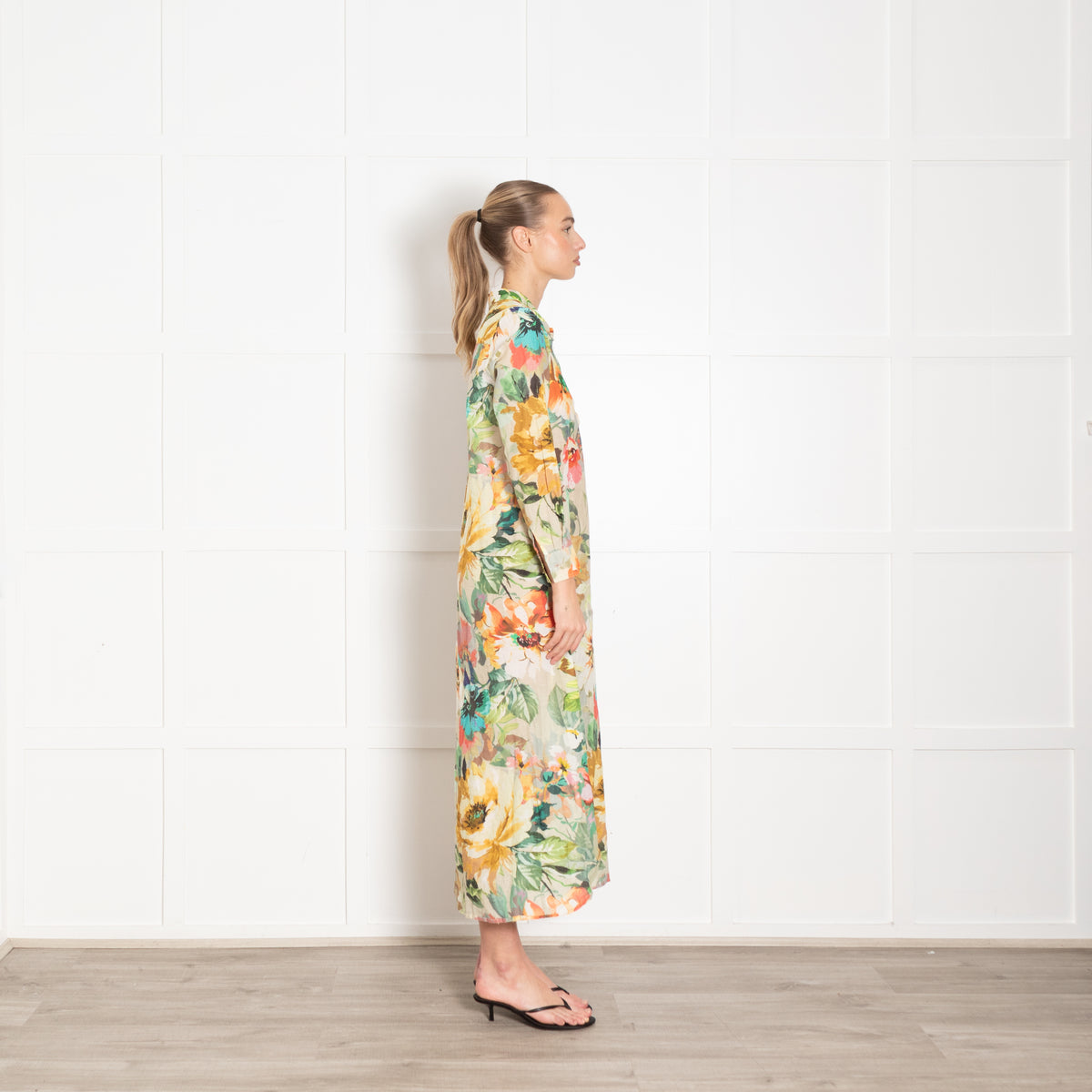 One Season Yellow Pink Green Floral Cotton Shirt Dress