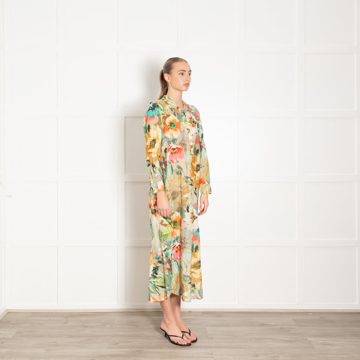 One Season Yellow Pink Green Floral Cotton Shirt Dress