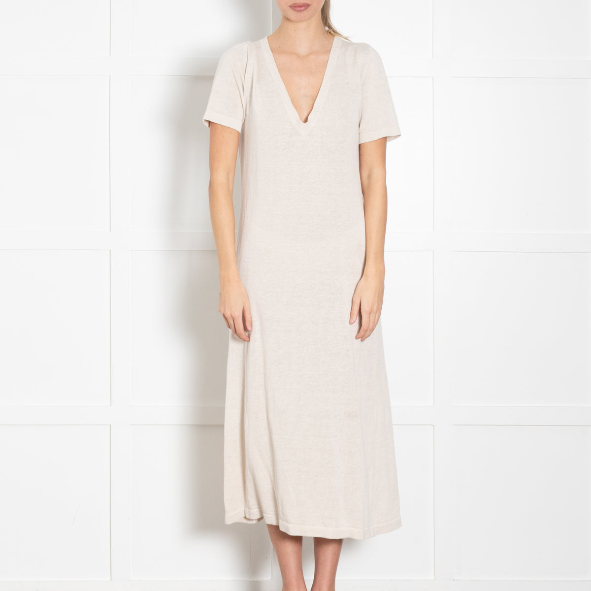 Amina Rubinacci Beige Linen Blend Short Sleeve Knit Dress