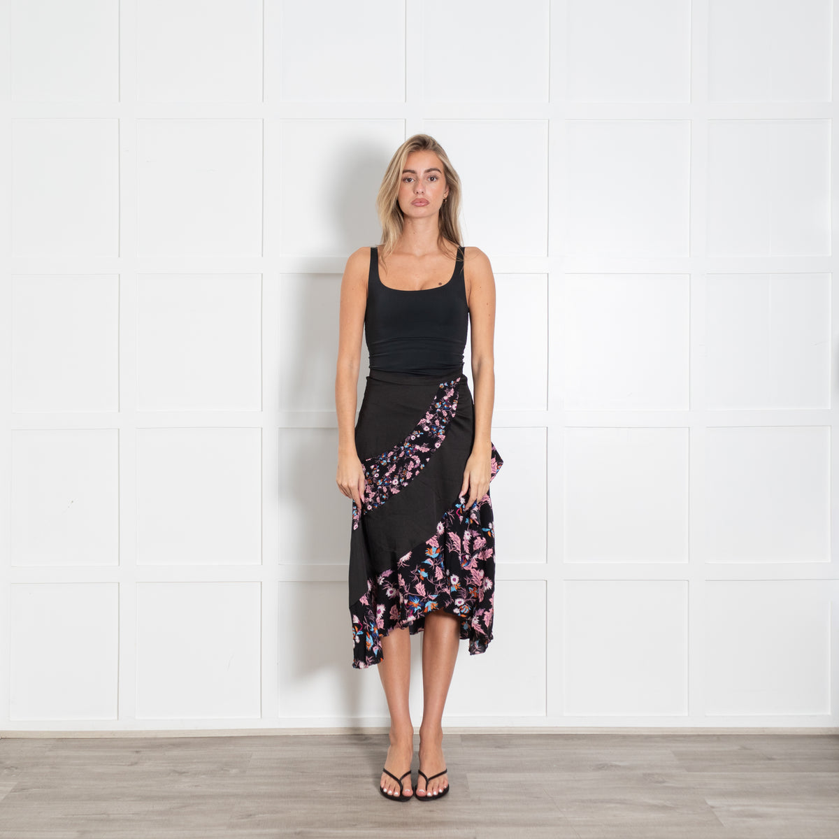 Sandro Black Pink Floral Frill Trim Midi Skirt