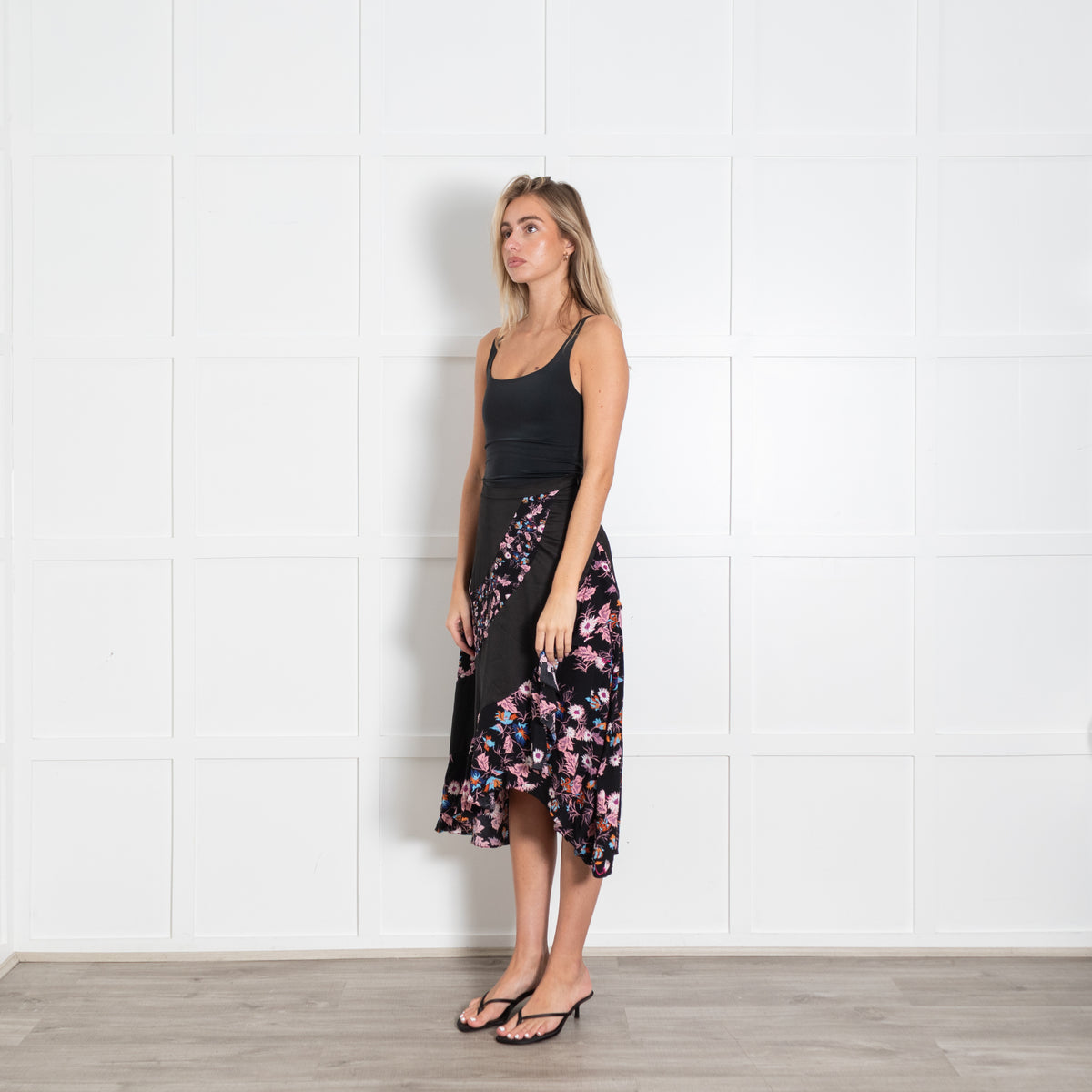 Sandro Black Pink Floral Frill Trim Midi Skirt