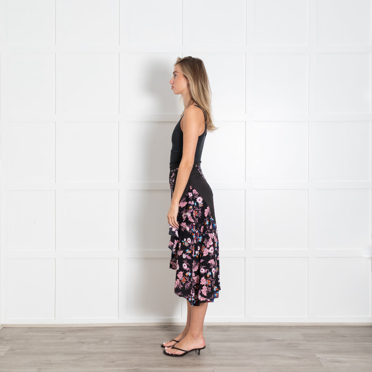 Sandro Black Pink Floral Frill Trim Midi Skirt