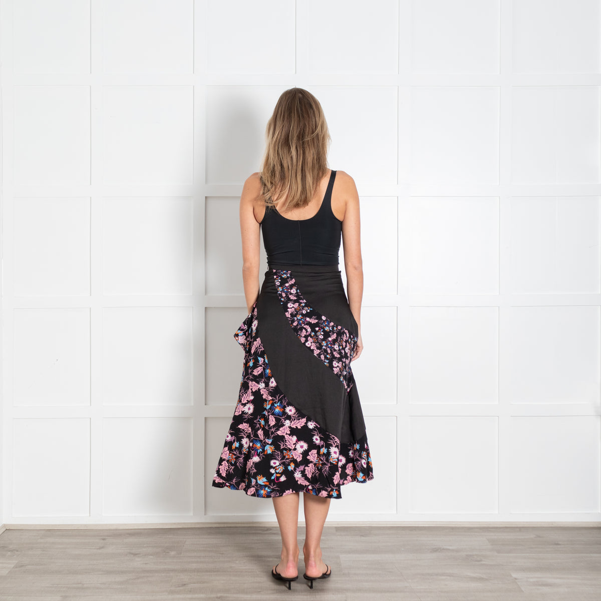 Sandro Black Pink Floral Frill Trim Midi Skirt