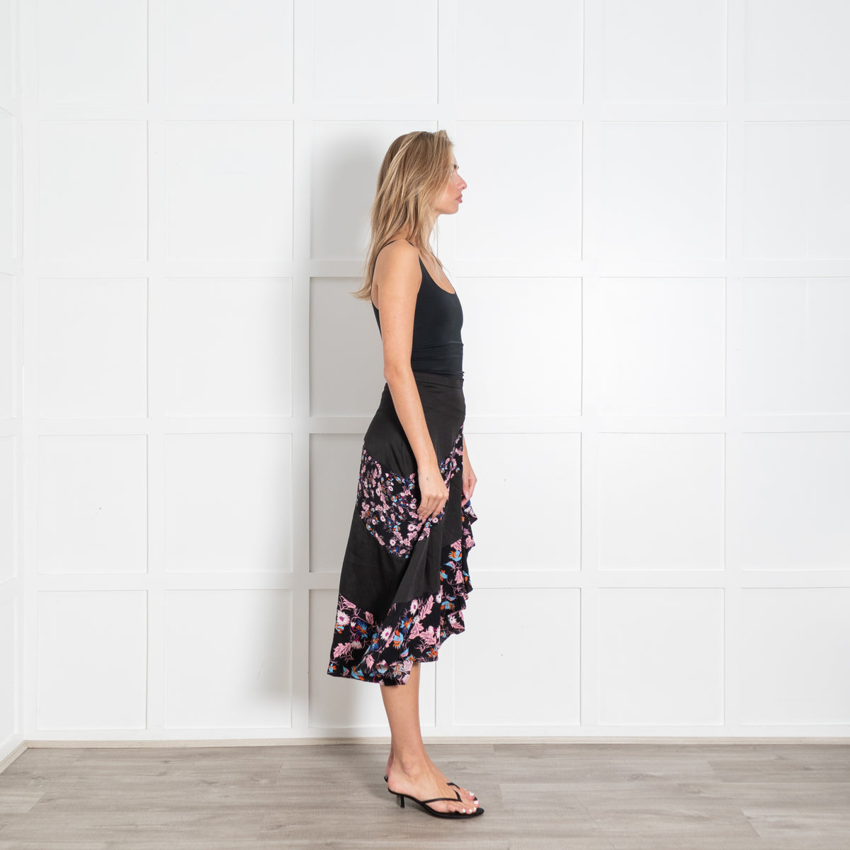 Sandro Black Pink Floral Frill Trim Midi Skirt