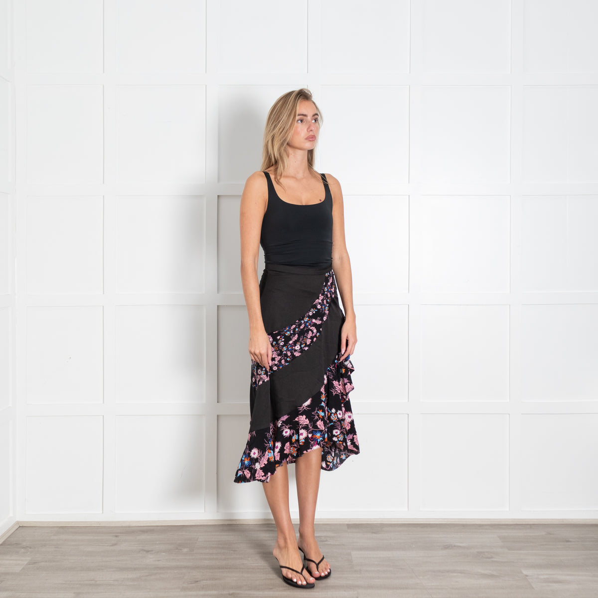 Sandro Black Pink Floral Frill Trim Midi Skirt