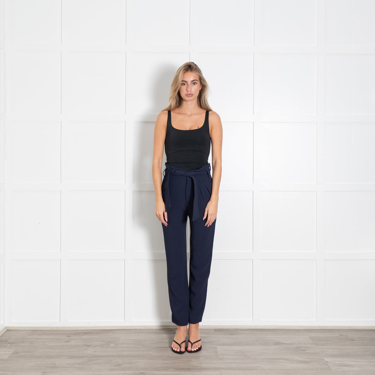 Sezane Navy High Waisted Belted Trousers