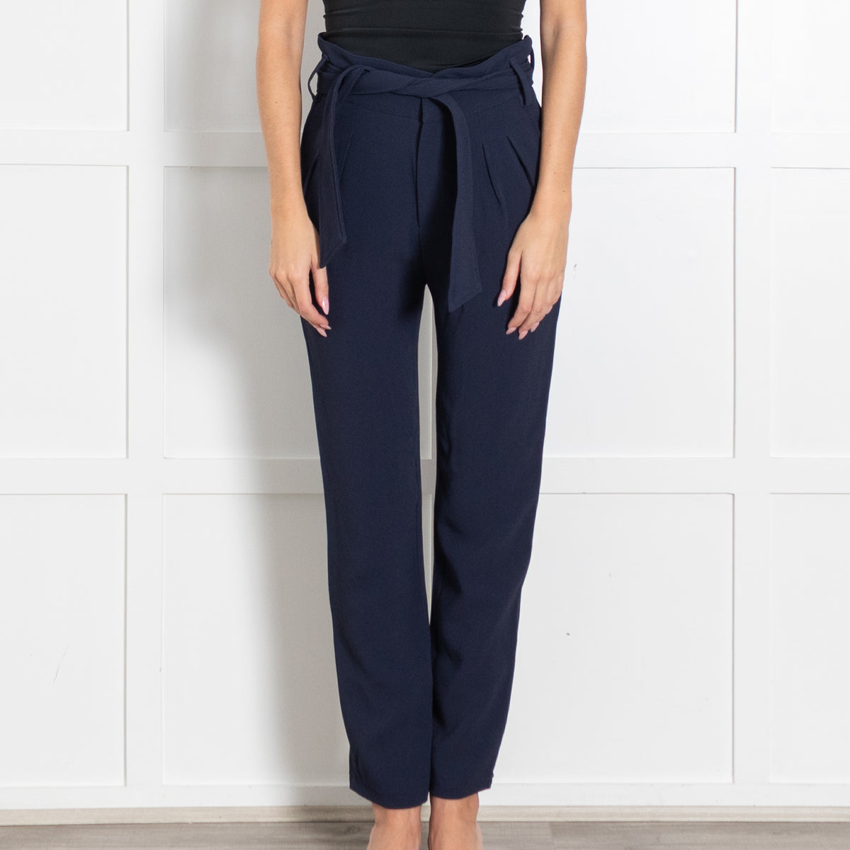 Sezane Navy High Waisted Belted Trousers