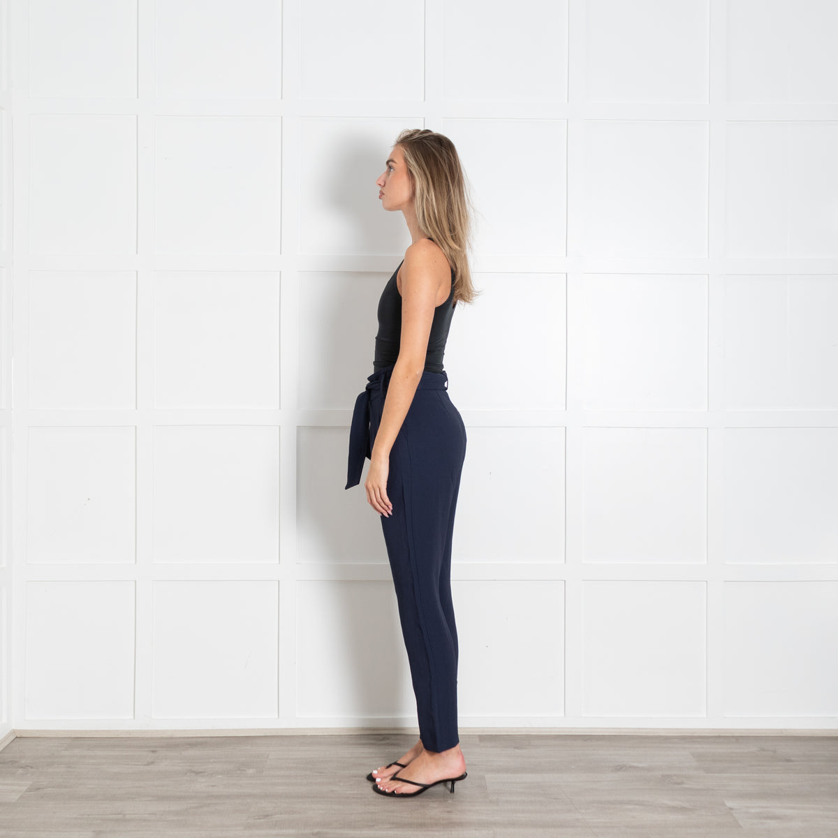 Sezane Navy High Waisted Belted Trousers