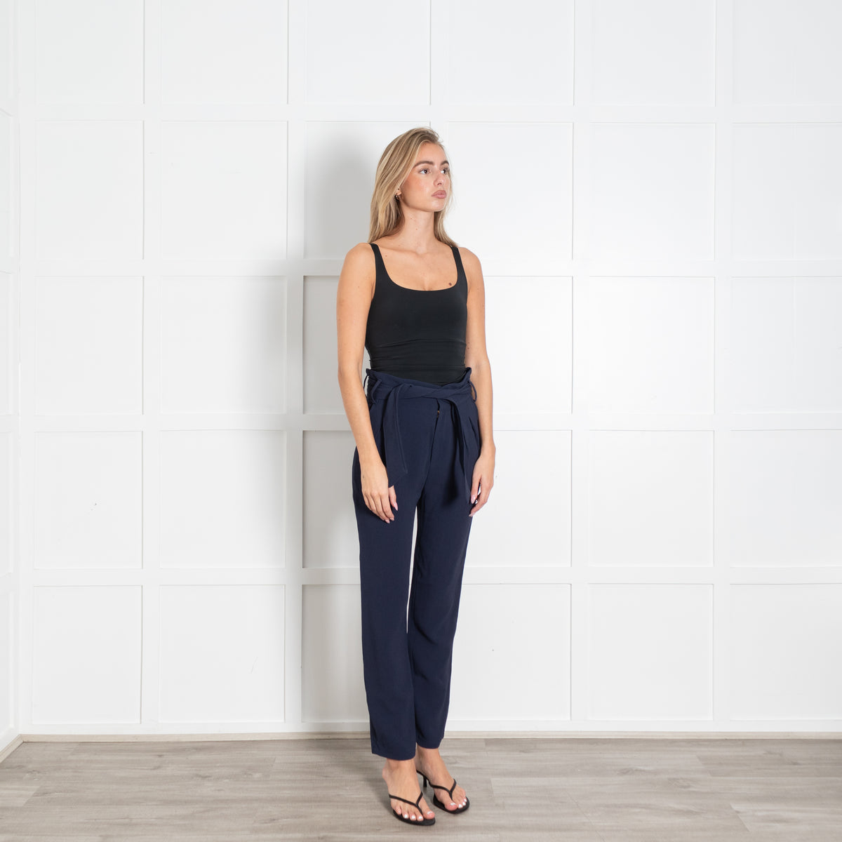 Sezane Navy High Waisted Belted Trousers