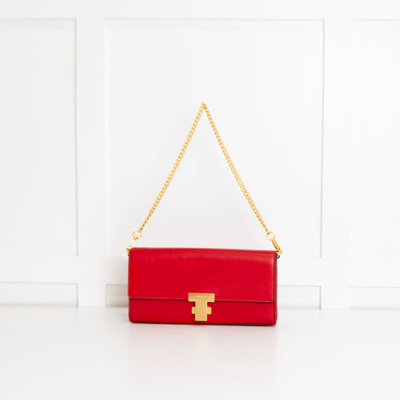 Tory Burch Ruby Red Juliette Gold Chain Clutch