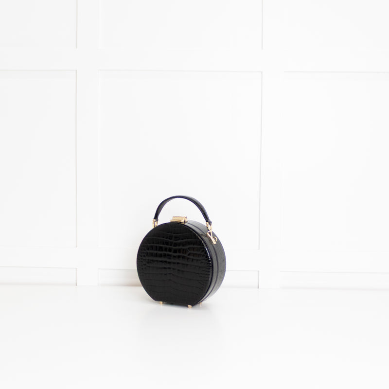Aspinal Of London Black Patent Croc Hat Box Bag