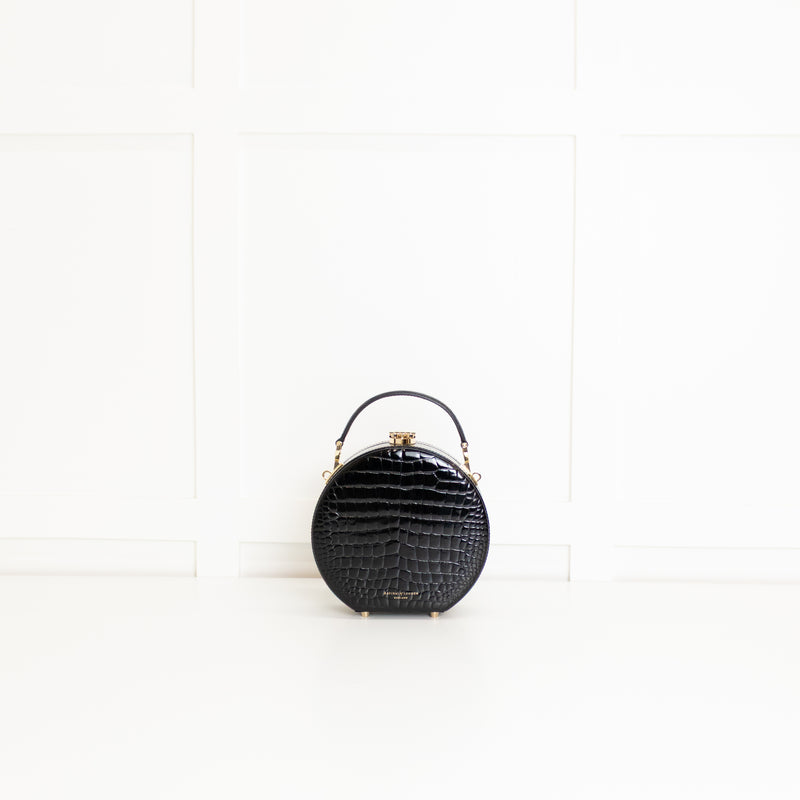 Aspinal Of London Black Patent Croc Hat Box Bag