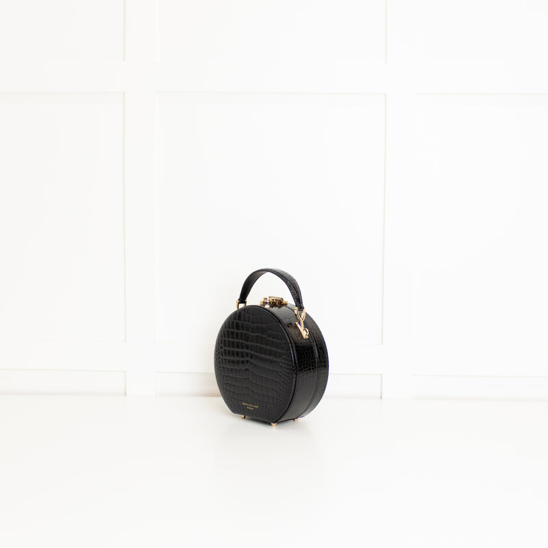Aspinal Of London Black Patent Croc Hat Box Bag