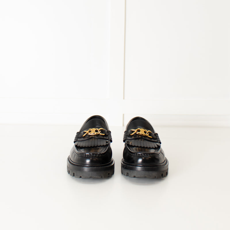 Celine Black Leather Triomphe Loafers