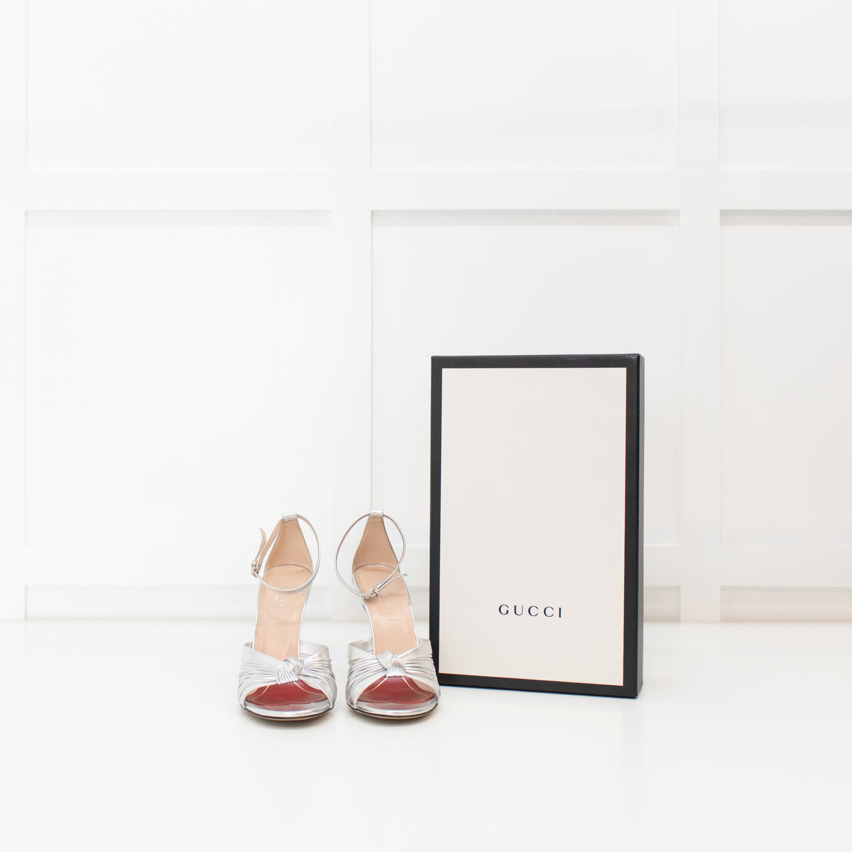 Gucci Silver Knotted Heels with Ankle Strap