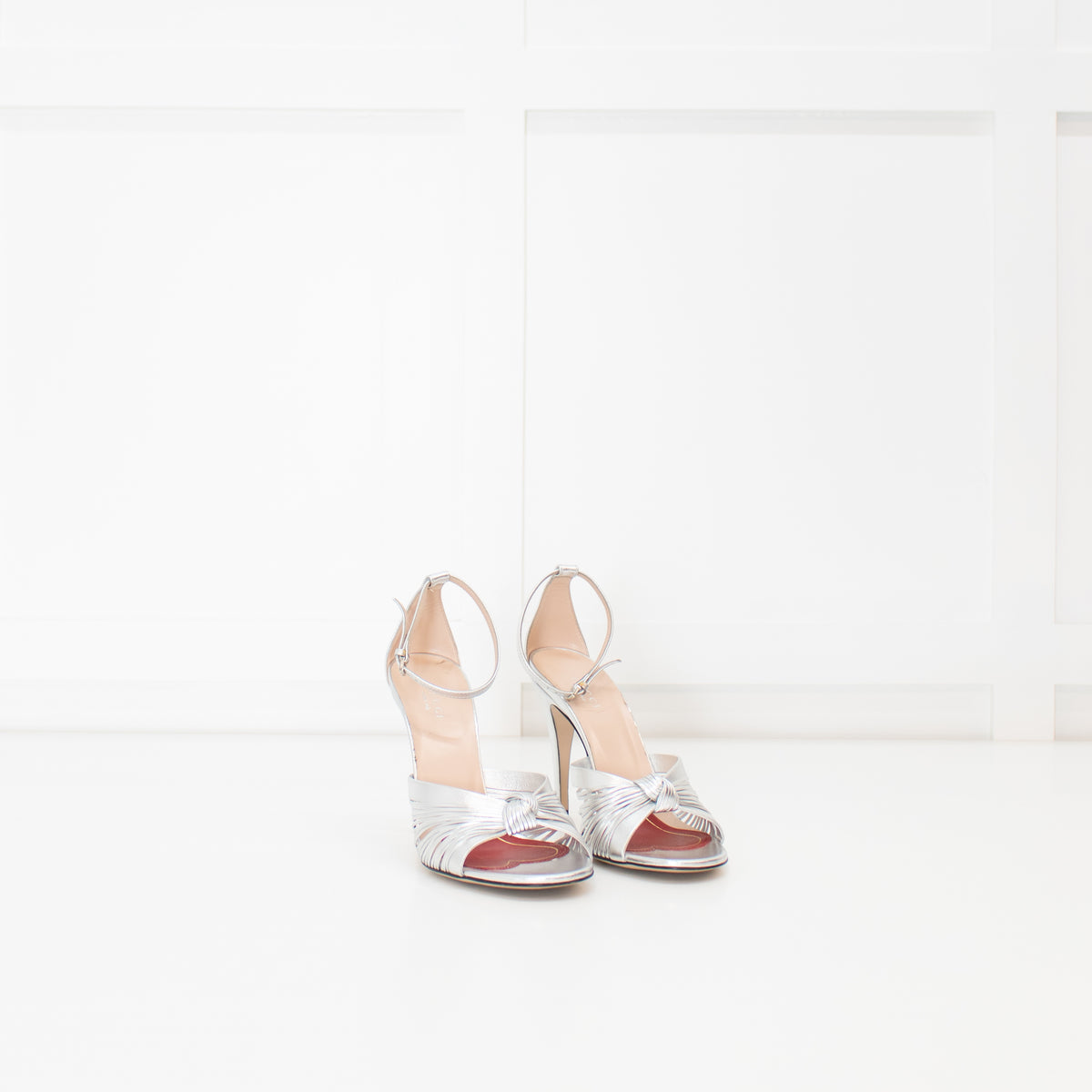 Gucci Silver Knotted Heels with Ankle Strap