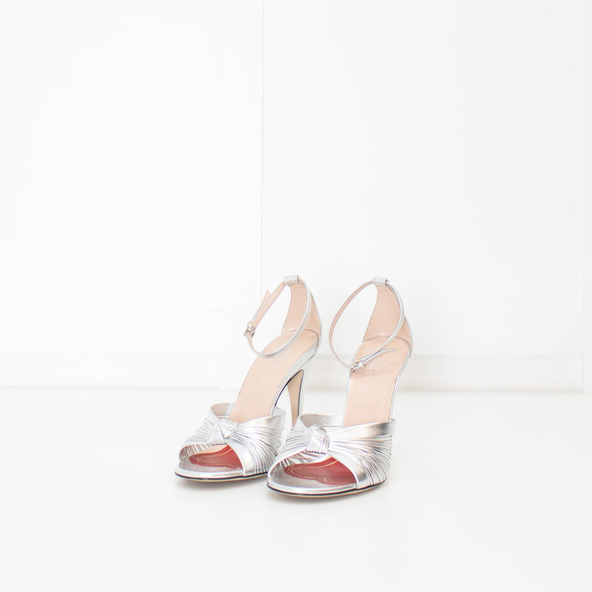 Gucci Silver Knotted Heels with Ankle Strap