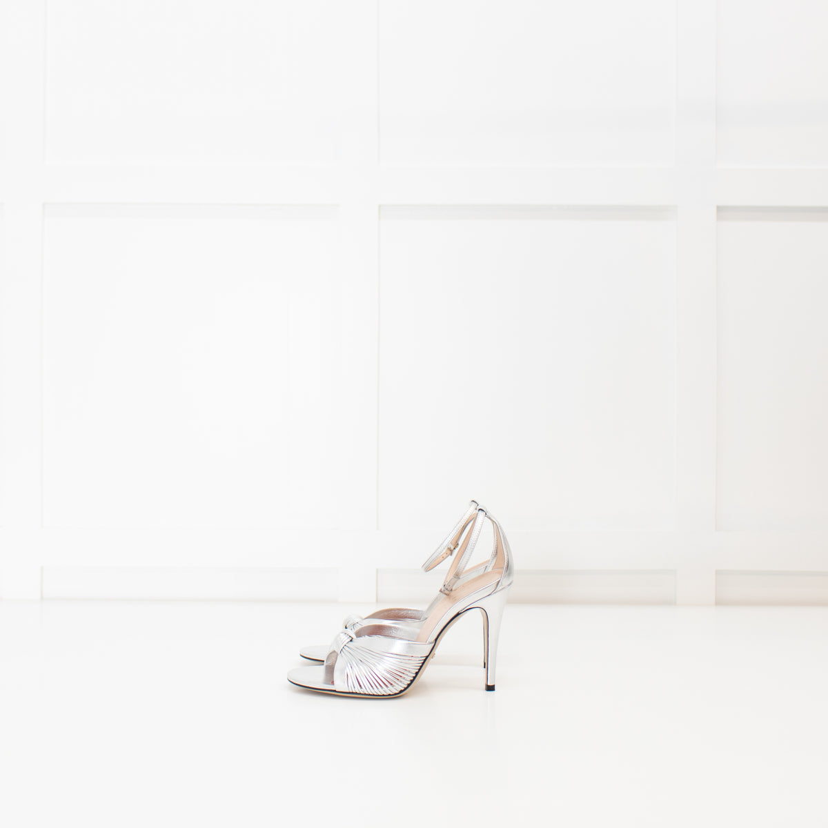 Gucci Silver Knotted Heels with Ankle Strap