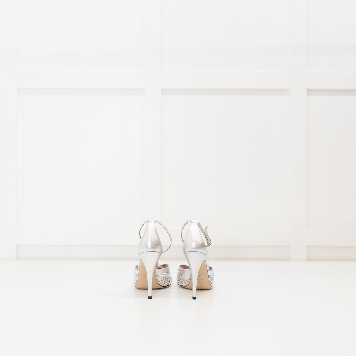 Gucci Silver Knotted Heels with Ankle Strap