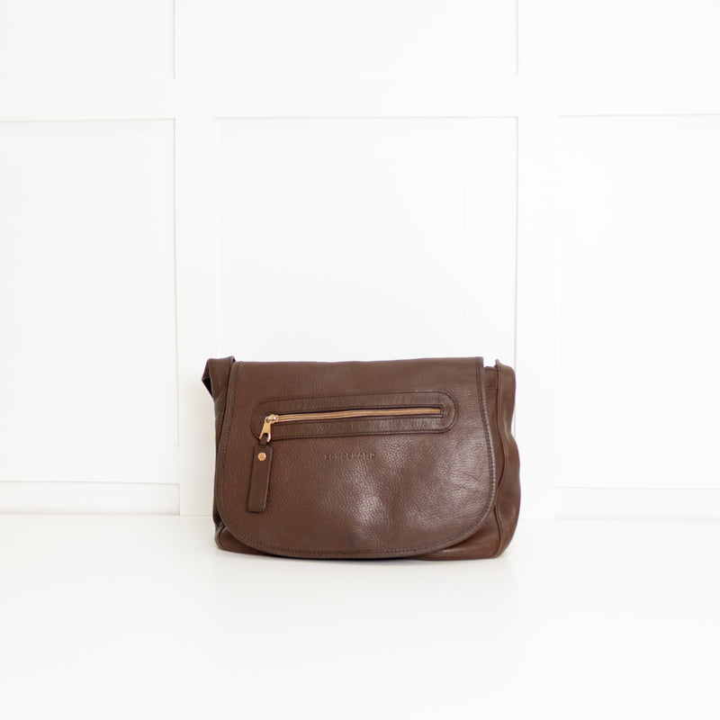 Longchamp Brown Grainy Leather Flap Shoulder Bag