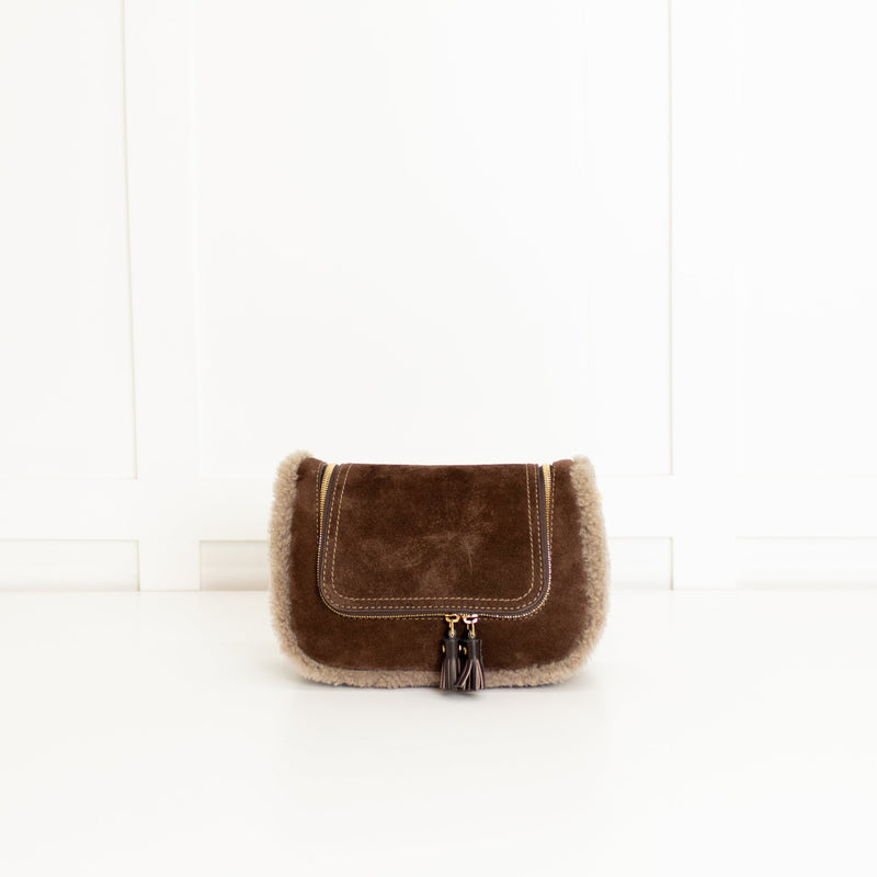 Anya Hindmarch Small Vere Satchel in Coffee Suede with Shearling Trim