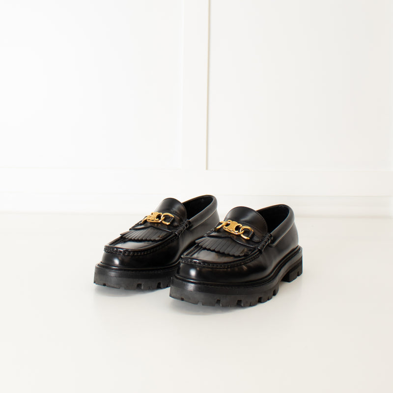 Celine Black Leather Triomphe Loafers