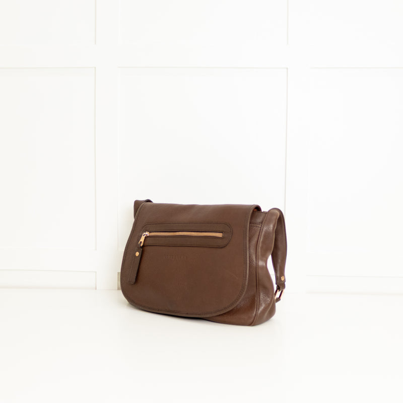 Longchamp Brown Grainy Leather Flap Shoulder Bag