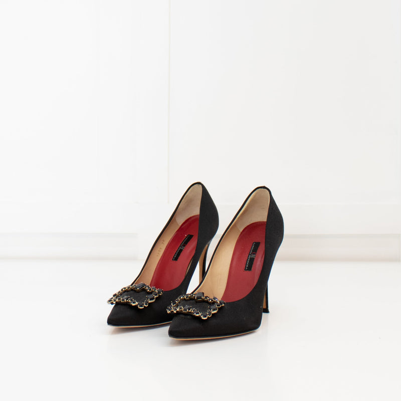 Carolina Herrera Black Satin Jewelled Buckle Heels