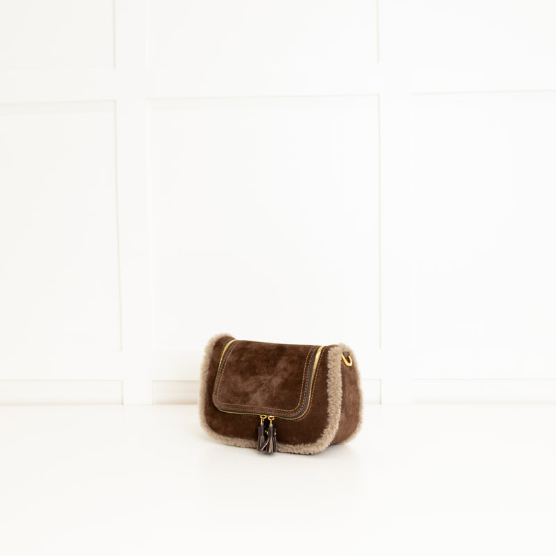 Anya Hindmarch Small Vere Satchel in Coffee Suede with Shearling Trim