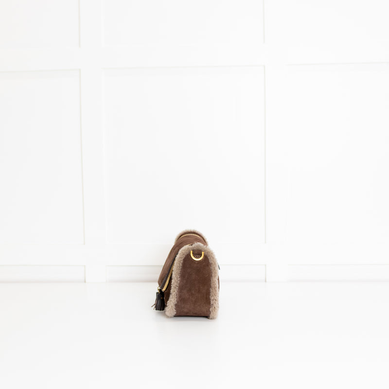 Anya Hindmarch Small Vere Satchel in Coffee Suede with Shearling Trim