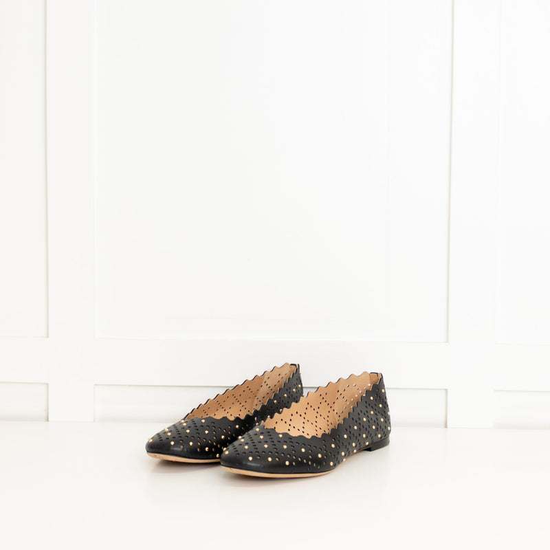 Chloe Black Laser Cut Studded Flat Pumps