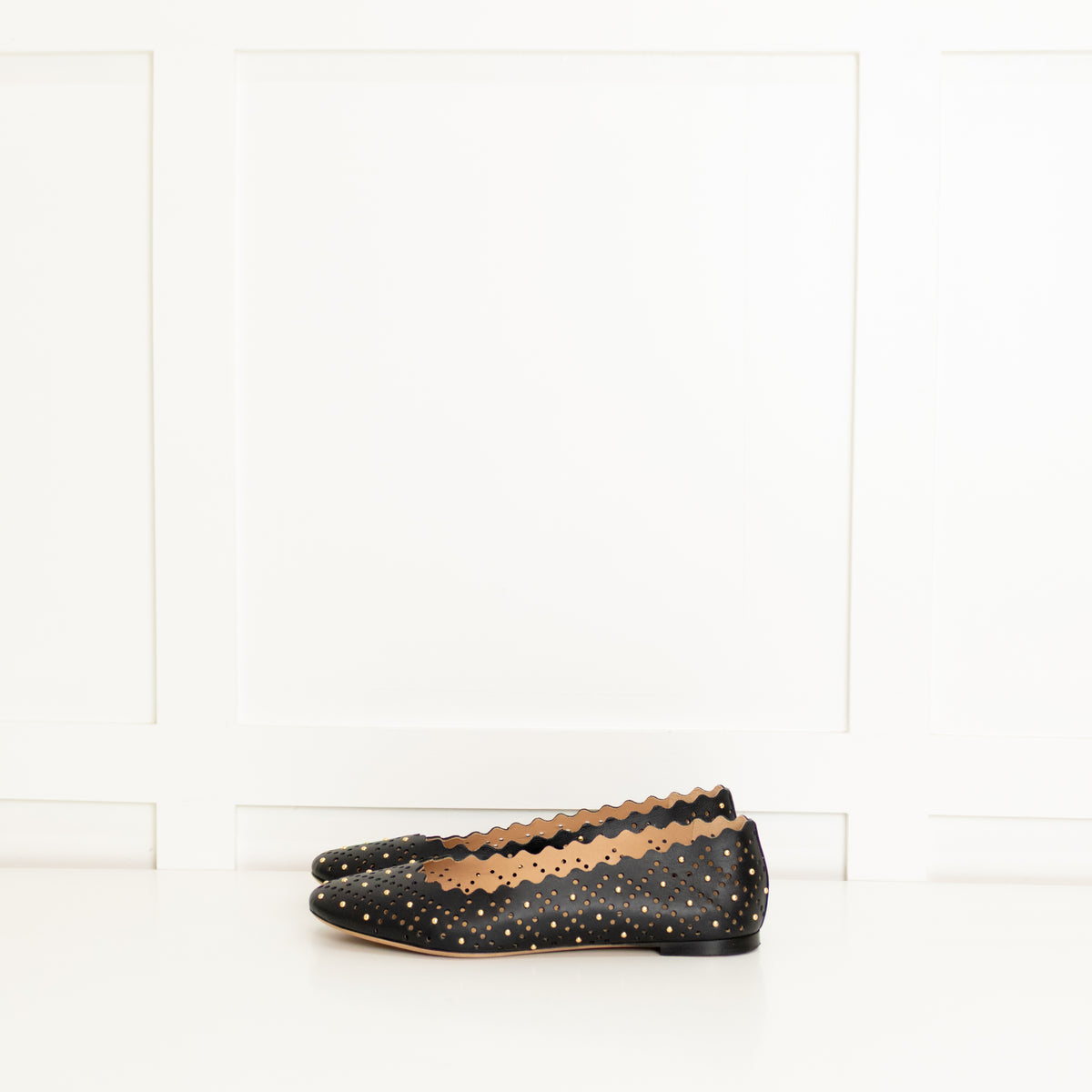 Chloe Black Laser Cut Studded Flat Pumps