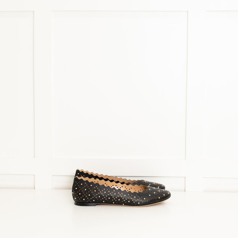 Chloe Black Laser Cut Studded Flat Pumps