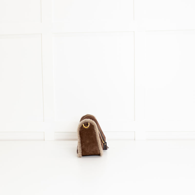 Anya Hindmarch Small Vere Satchel in Coffee Suede with Shearling Trim