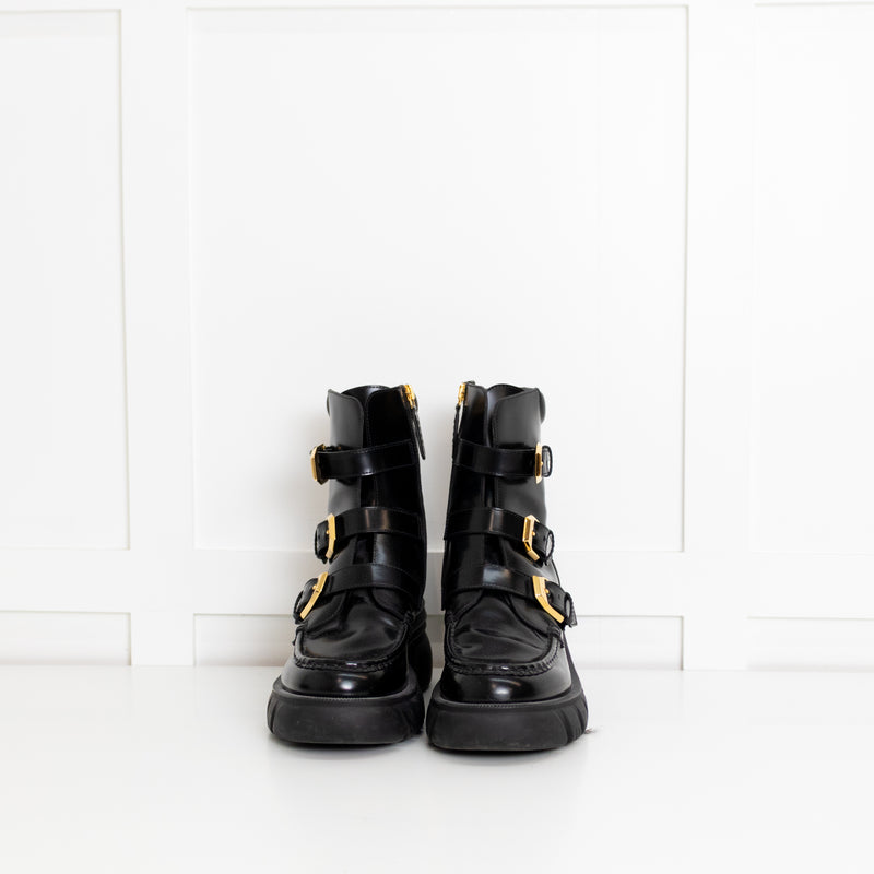 Gucci Black Ankle Boot With Gold Buckles