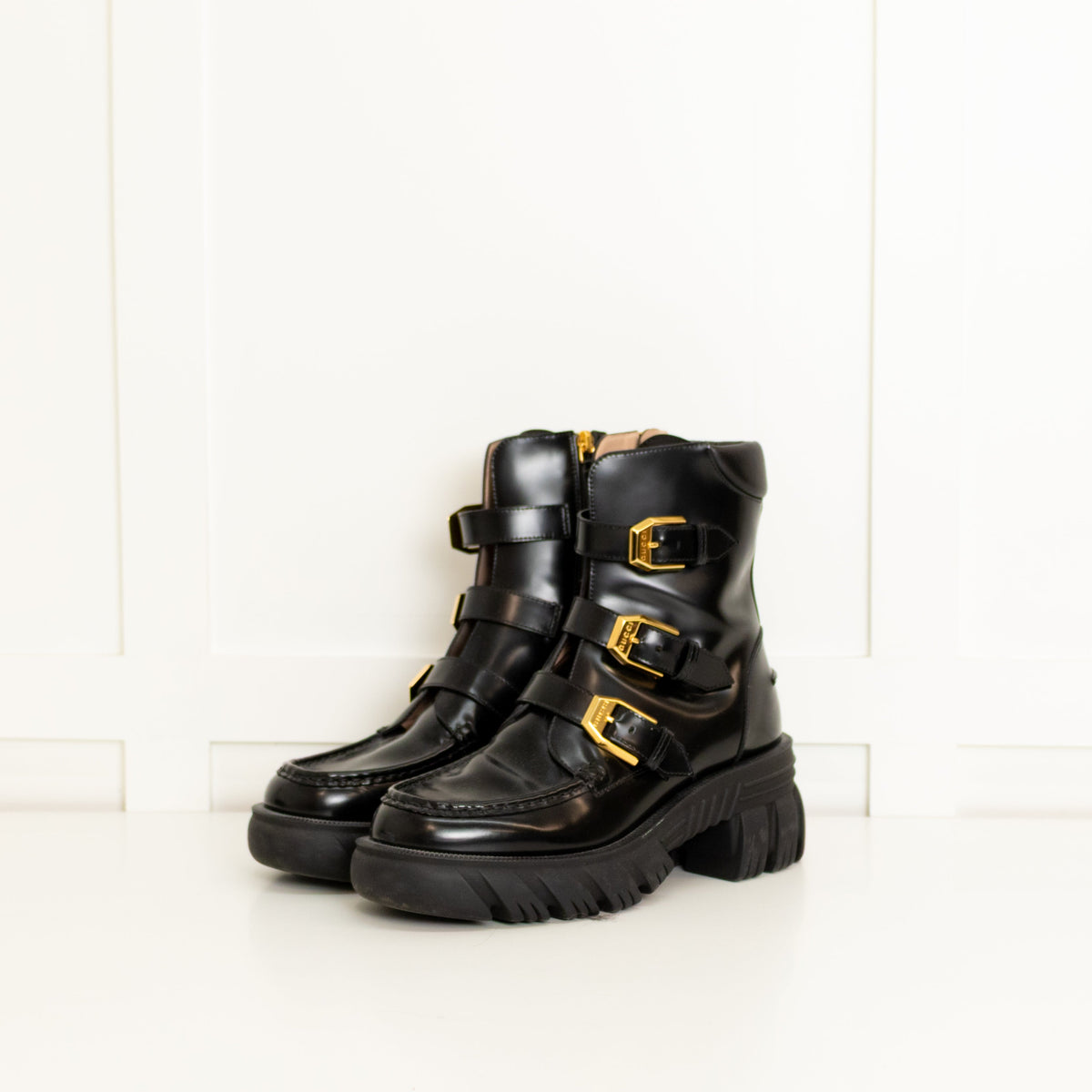 Gucci Black Ankle Boot With Gold Buckles