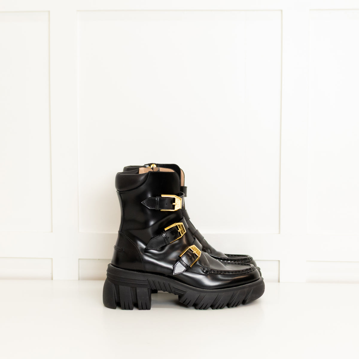 Gucci Black Ankle Boot With Gold Buckles